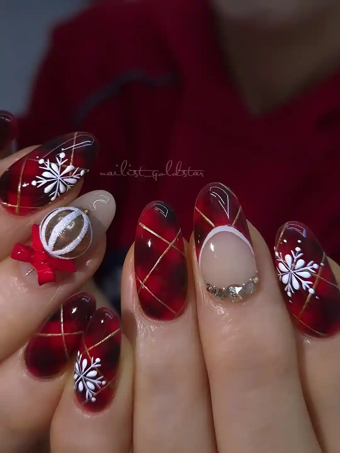 Burgundy Plaid Crisscross with Snowflakes and 3D Ornament Accent