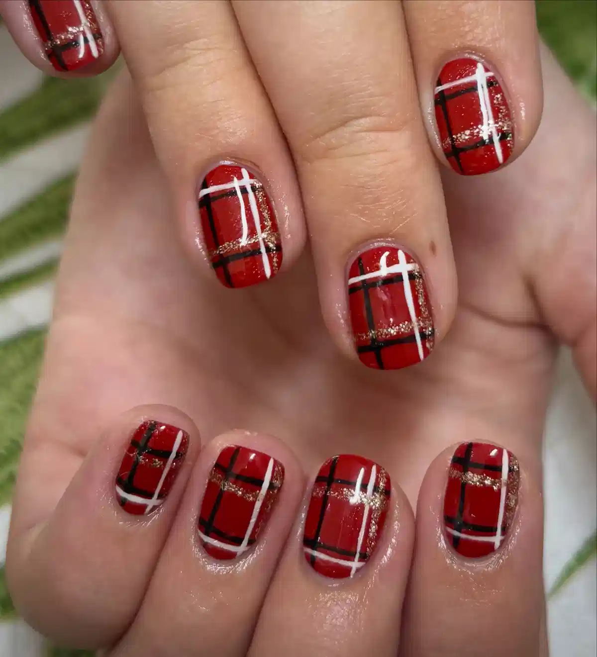 Red Plaid with White, Black, and Gold Glitter Lines