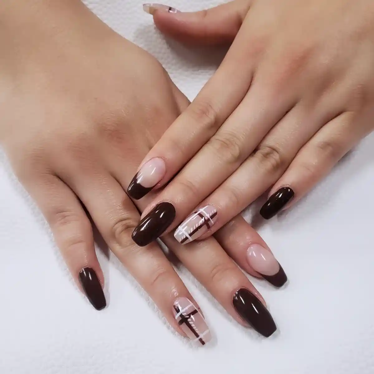 Dark Brown Gloss with Nude Tips and Plaid Accents (Alternate Angle)