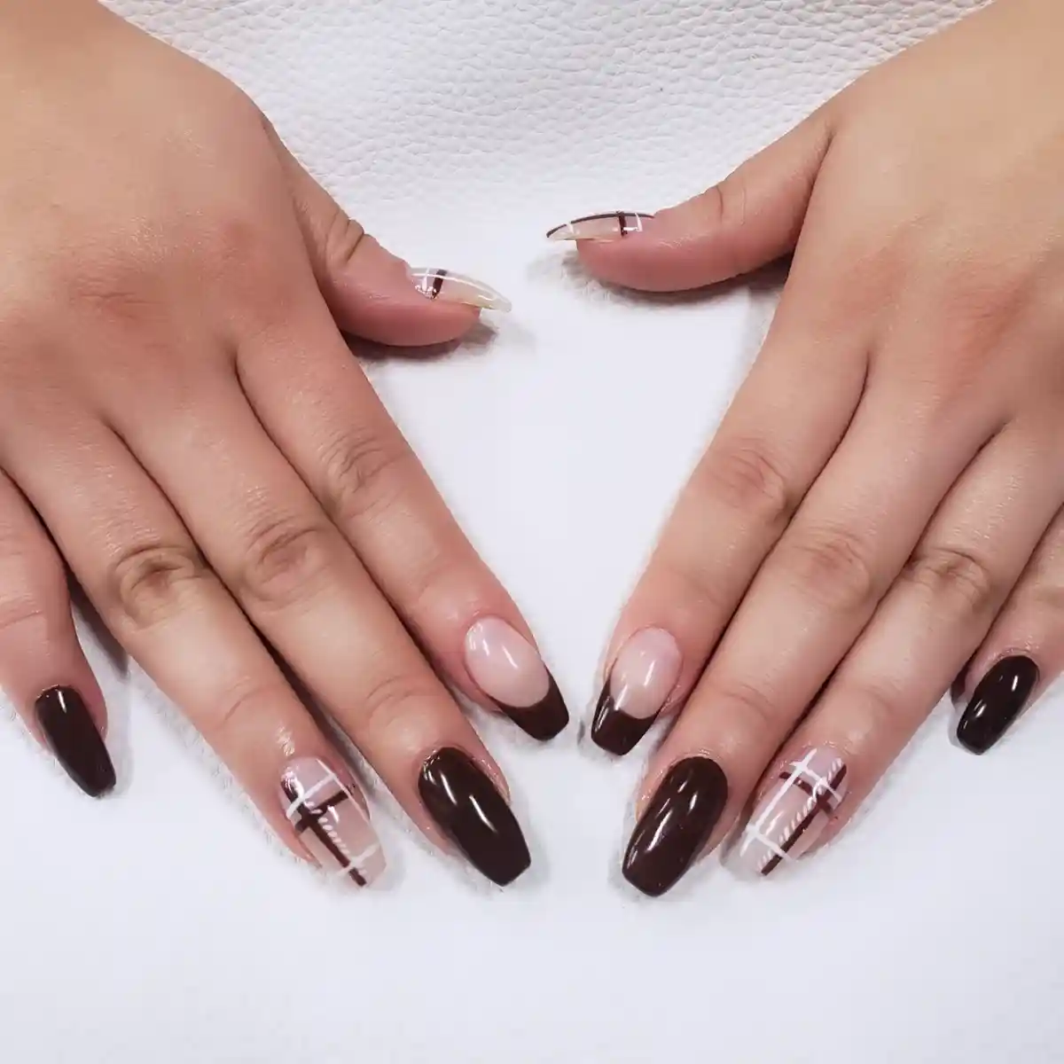 Dark Brown Gloss with Nude Tips and Beige Plaid Accents